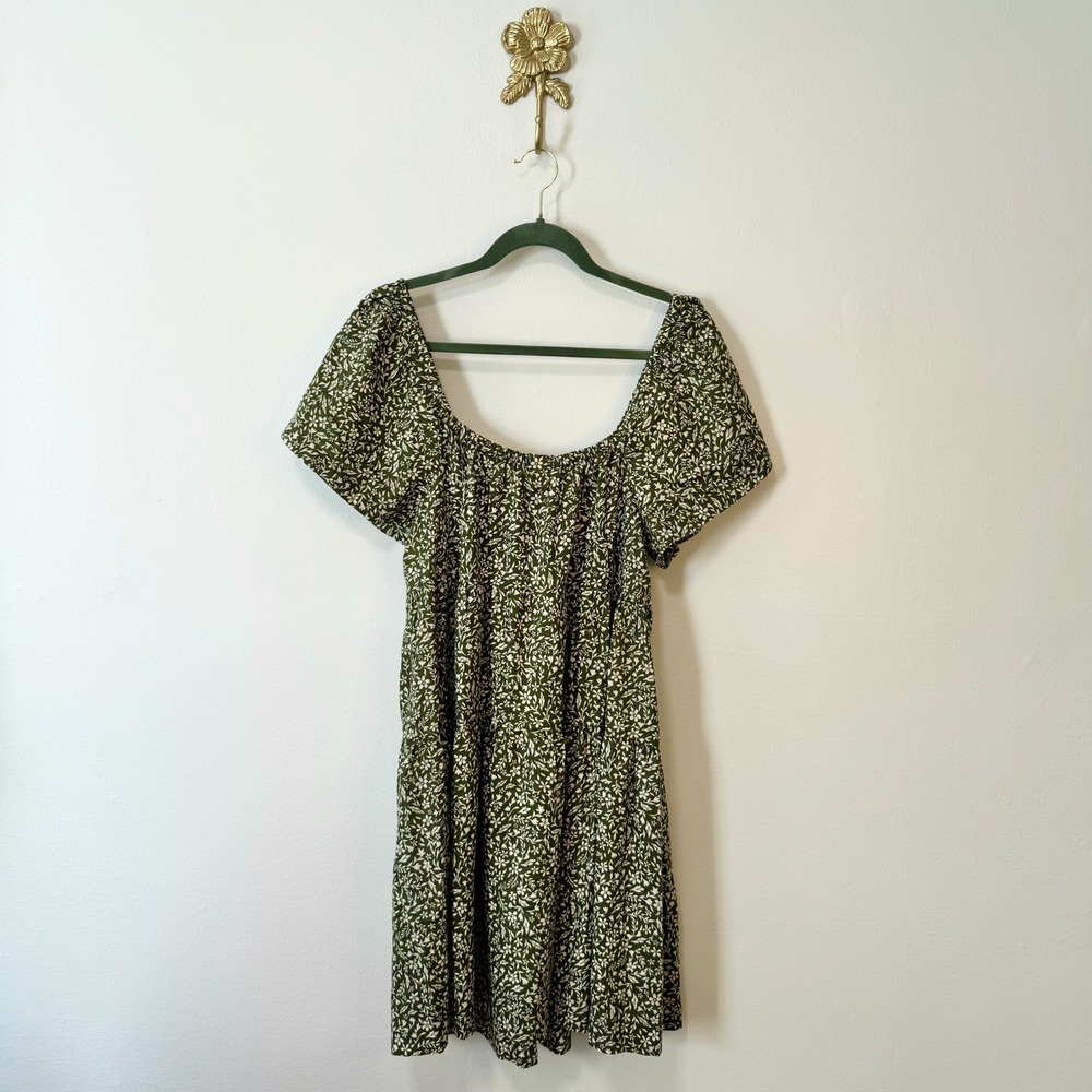 Olive Green Floral Tiered Mini Dress Old Navy L Cottagecore Boho Short Sleeve